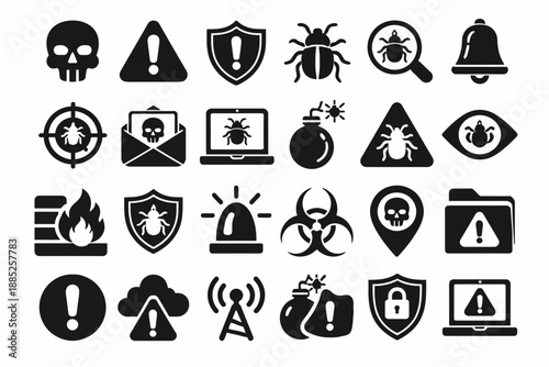 Set of cybersecurity warning icons including virus alert symbols and security shields