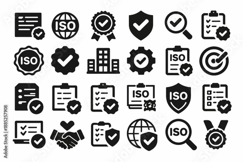 Iso certification icons and symbols for quality assurance and standards