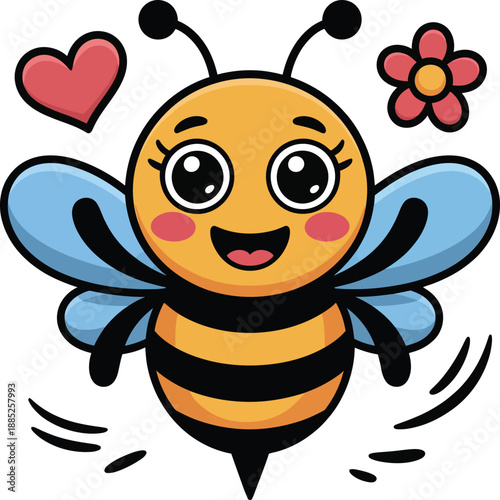 Cheerful bee vector cartoon with blue wings, antennae, heart, flower, motion lines, rosy cheeks, and playful colorful design.