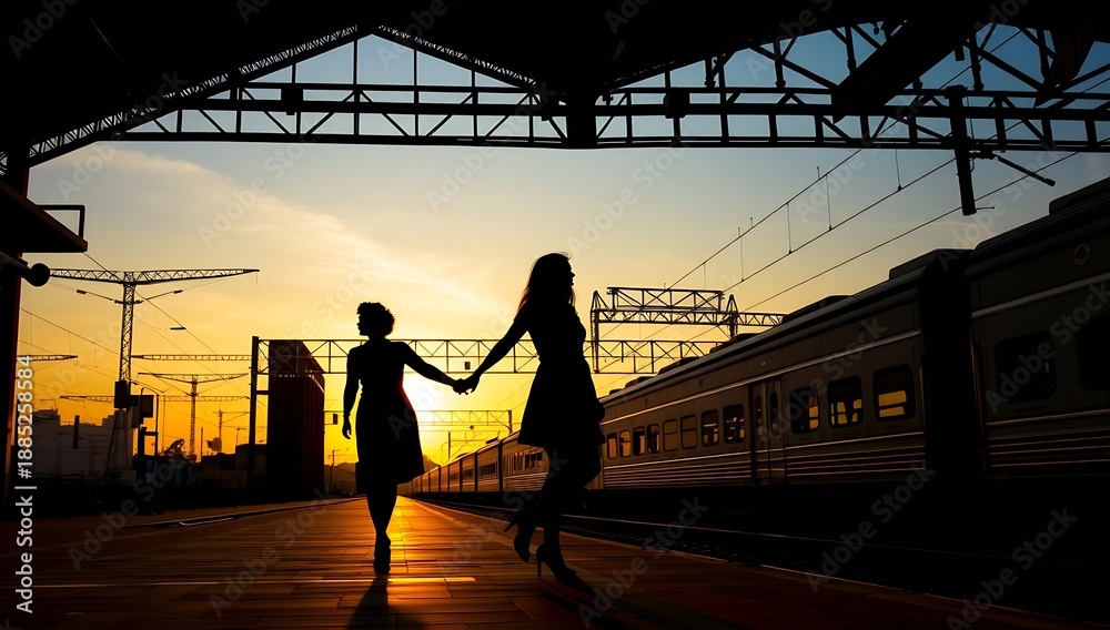Fototapeta premium Couple Holding Hands at Train Station 1.