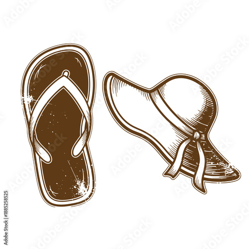 Drawing Vintage grunge  texture brown flip flop and sun hat illustration