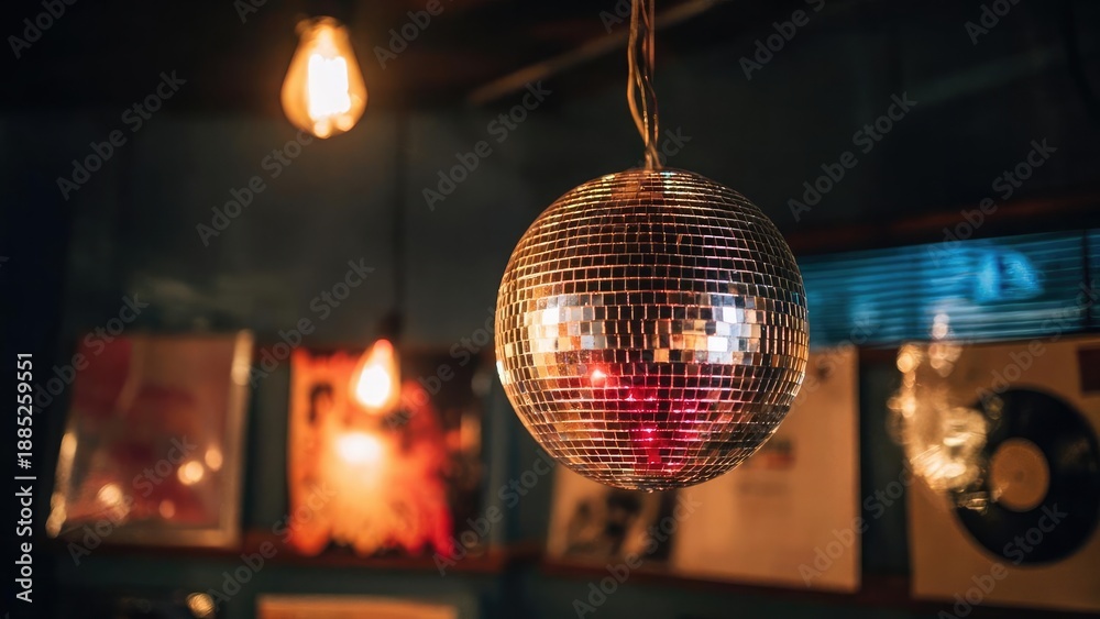 Obraz premium A mirrored disco ball hanging from the ceiling in a dim room, with vinyl records and posters in the background. Concept Disco Ball, Dim Lighting, Vinyl Records, Posters, Retro Decor