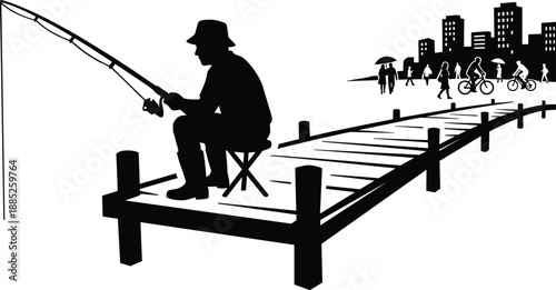 Man fishing alone on pier, peaceful waterfront scene with city skyline, people walking and cycling in urban background, outdoor recreation