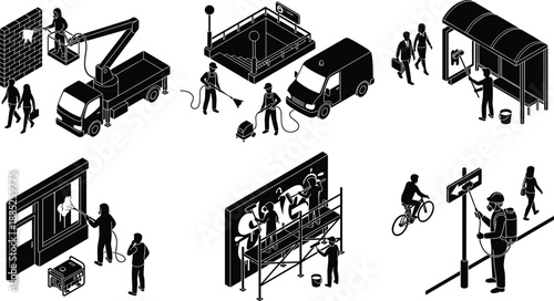 Isometric silhouettes of urban cleaning crews using pressure washers, trucks and tools to remove graffiti, wash streets and maintain public city spaces