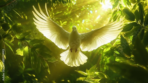 White dove soaring, sunlit forest, spiritual peace, hope