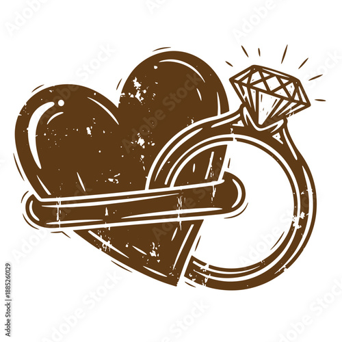 Drawing Vintage grunge  texture brown heart with diamond ring on white background symbolizing love and commitment in a vintage style