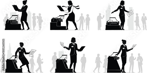 Silhouette businesswoman operating vintage photocopier in office environment, professional paperwork management and document printing workflow with corporate city background and colleagues