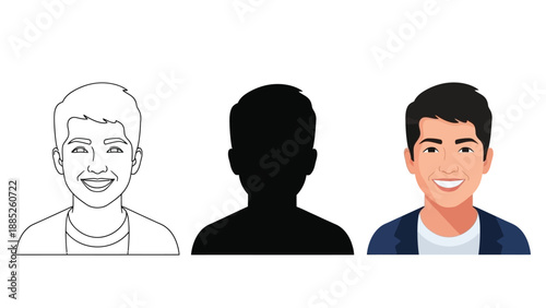 Set of three male avatar icons line art sketch, black silhouette, and full color illustration of a smiling young man