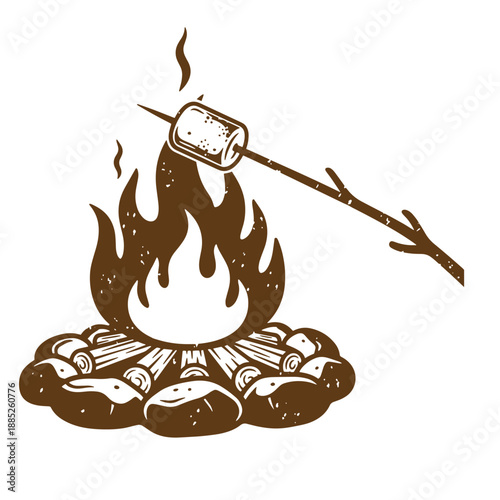 Drawing Vintage grunge  texture brown illustration of a campfire with a marshmallow on a stick  roasting a marshmallow over a campfire