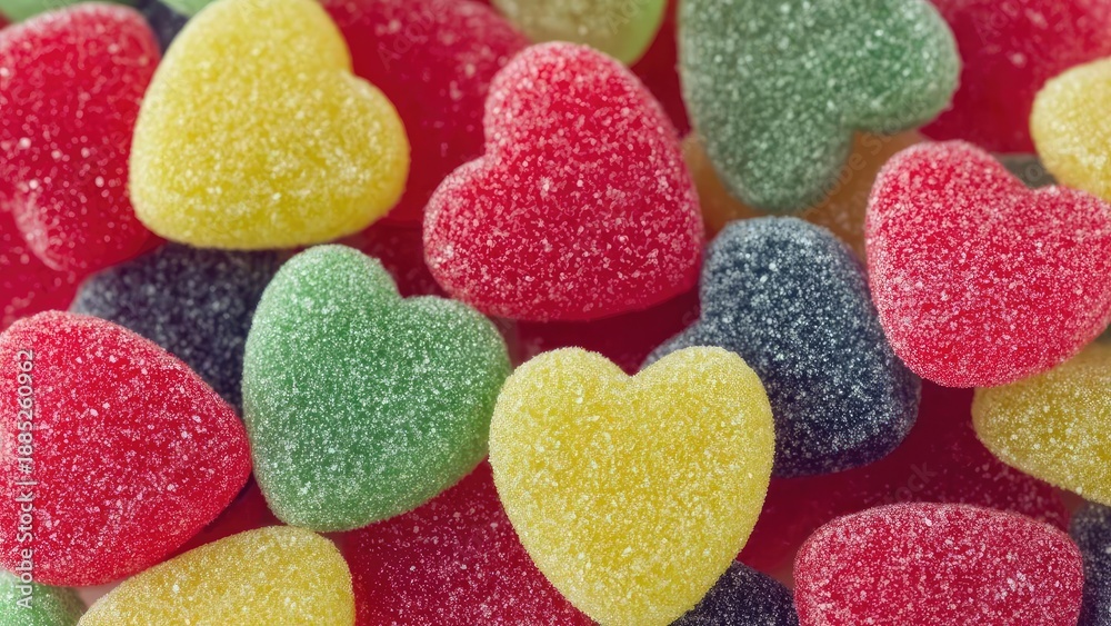 Fototapeta premium Colorful, sugar-coated, heart-shaped gummy candies. Concept Colorful Gummies, Sugar-coated Candies, Heart-shaped Candies, Gummy Candy Photography, Sweet Treats