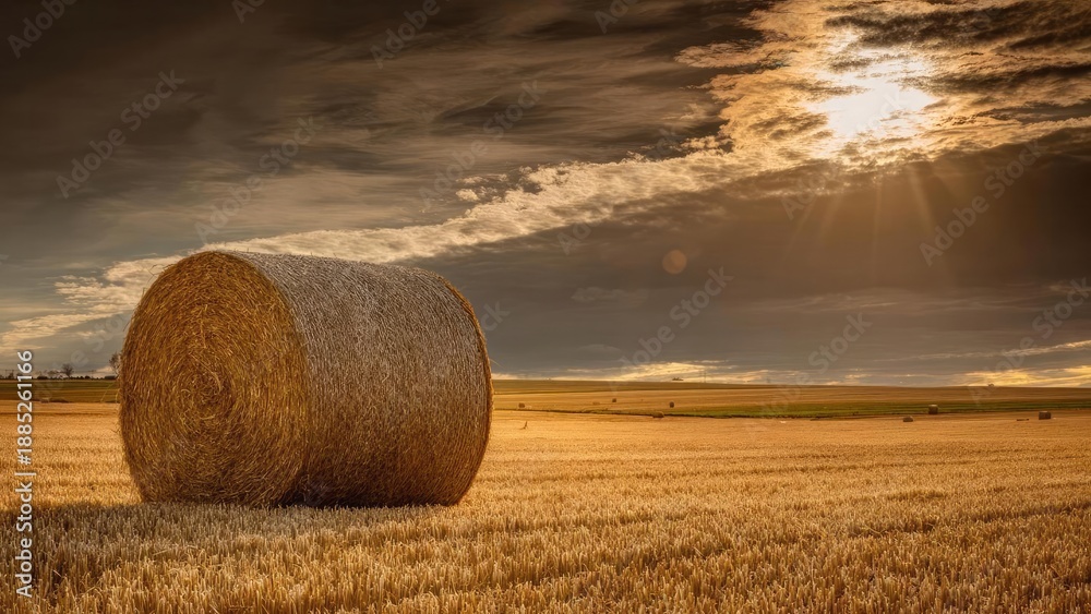 Obraz premium Large round hay bale in a golden harvested field at sunset beneath dramatic clouds. Concept Golden hour landscape, Round hay bale, Harvest field, Dramatic clouds, Sunset colors