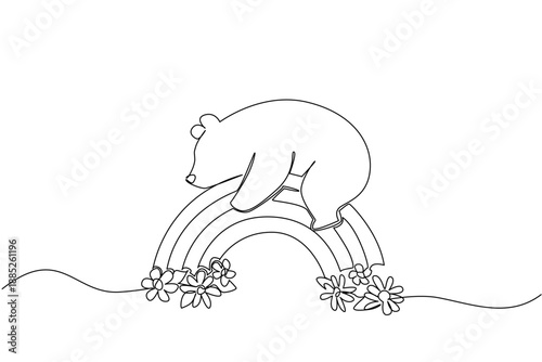 Sweet bear lying down on a rainbow decorated with blooming flowers in a continuous line drawing style. The nature concept artwork depicts the wildlife mammal resting peacefully among the many flowers