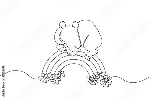 One line drawing of lovable camel gently resting comfortably on a rainbow arc between two clouds over daisies for the nature concept theme. Charming for children wall art decor