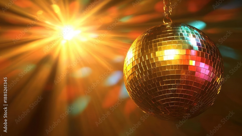 Obraz premium A gold disco ball hanging in a colorful light show, its mirrored tiles sparkling. Concept Gold disco ball under neon lights, Sparkling mirrored tiles, Vibrant colorful light show