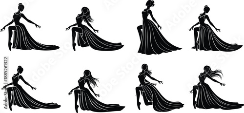 Silhouette elegant dress dancer, flowing gown movement, graceful female fashion pose, long dress silhouette illustration, artistic feminine performance design