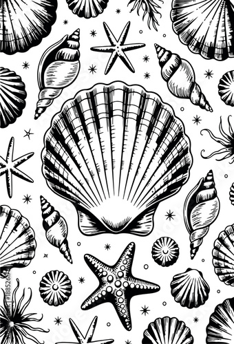 Vintage Marine Shell Seamless Pattern Illustration. Scallop Shell and Starfish Nautical Seamless Pattern. Marine Life Seashell Sketch Background Design. 