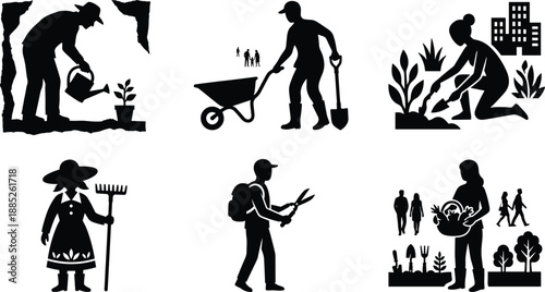 Silhouette gardeners planting, watering, harvesting and using tools in urban gardens, farms and yards for agriculture, landscaping and horticulture concepts