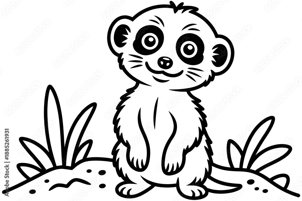 Fototapeta premium Cute cartoon meerkat standing alert with bushy tail and big eyes, surrounded by grass and dirt, black and white line art illustration.