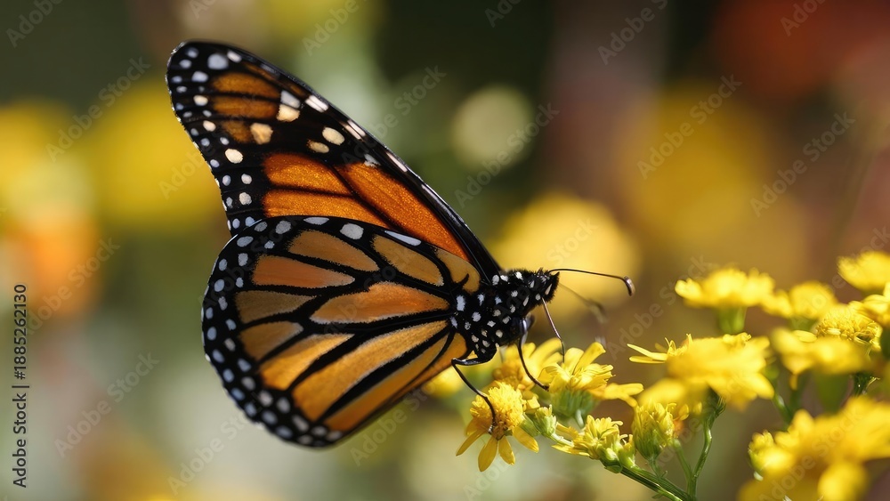 Fototapeta premium Monarch butterfly perched on yellow flowers. Concept Monarch butterfly, Yellow flowers, Nature photography, Close-up insect, Pollinator