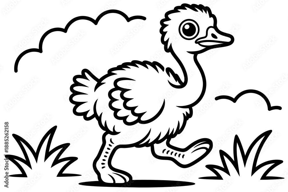 Obraz premium Happy cartoon ostrich chick walking in a field with clouds above, cute and energetic black and white line art illustration.