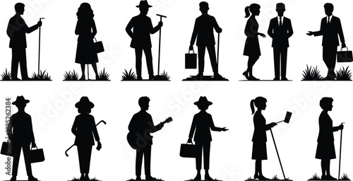Silhouette people with bags, canes, tools and instruments standing outdoors, diverse characters in everyday lifestyle scenes for business and creative uses