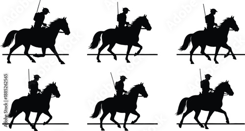 Silhouette sequence of mounted soldier riding horse with rifle, historical cavalry motion study, military equestrian patrol illustration, combat rider training concept graphic