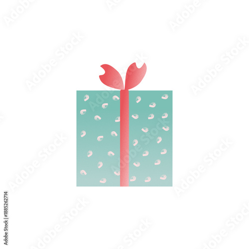 桜の花びらモチーフのミントグリーンギフトボックス、春の季節ギフトを表現したパステル調ミニマルフラットイラスト・季節イベント向けベクタースタイル素材