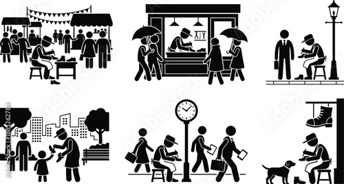 Silhouette street shoemaker repairing shoes in city environment, traditional cobbler craftsmanship with customers walking by, outdoor marketplace footwear service scene