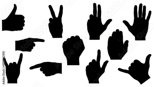 Collection of Diverse Hand Gestures Silhouettes Isolated on White Background.