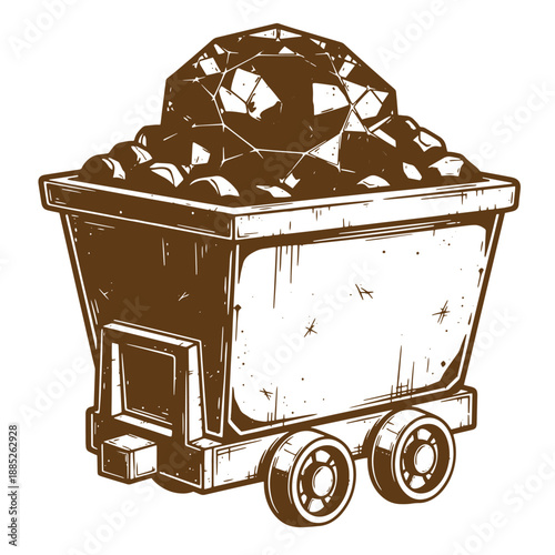 Drawing Vintage grunge  texture brown illustration of mining cart full of coal on white background  mining industry icon