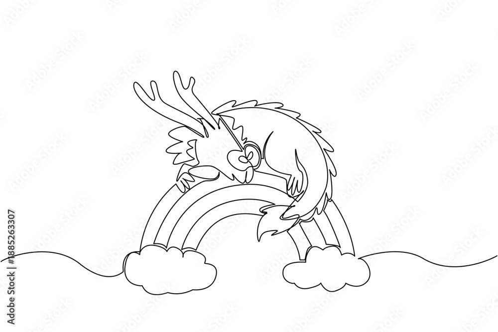 Fototapeta premium Single line drawing of majestic mythical dragon curled up and sleeping peacefully atop rainbow arch with clouds. Nature concept for cute fantasy creature, perfect for Chinese New Year celebration