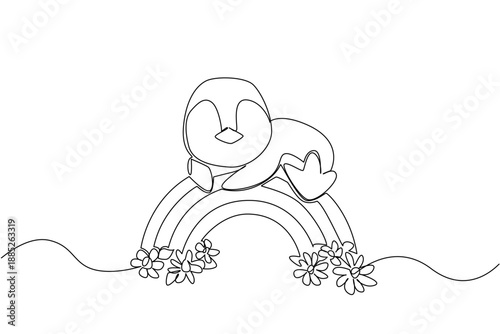 Single line drawing of charming penguin sliding or laying flat on its belly across a rainbow arc decorated with flowers. Nature concept for cute arctic animal theme, perfect for kids room decor