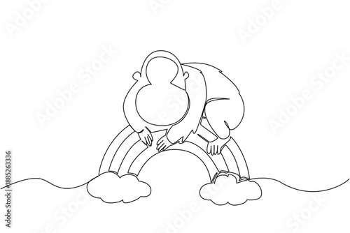 One line drawing of peaceful orangutan draped over rainbow arch, grounded by two soft clouds. Nature concept for cute jungle animal theme, charming for nursery prints and International Orangutan Day