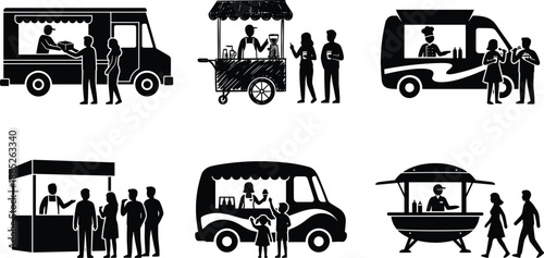 Silhouettes of food trucks and street food carts serving customers, urban vendors, outdoor dining, takeaway beverages, mobile catering and city lifestyle scenes