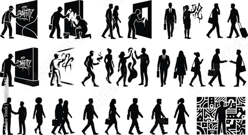 Silhouettes of graffiti artists painting walls and urban pedestrians walking, discussing and commuting, street art culture, city lifestyle and modern public movement