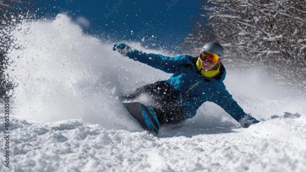 Naklejka premium Snowboarder carving through fresh powder, spraying snow as they ride down a blue-sky slope. Concept Snowboarding Action, Fresh Powder, Spraying Snow, Mountain Slopes, Blue Sky