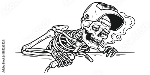 Skeleton Welder Taking a Smoke Break Line Art Illustration