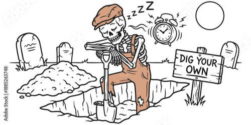 Humorous Skeleton Worker Sleeping While Digging Own Grave