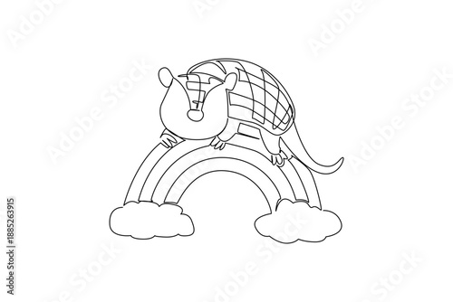 One line drawing of cute armadillo curled up on a rainbow with fluffy clouds below. Nature concept for cute wild animal, charming for nursery poster prints and wildlife conservation designs