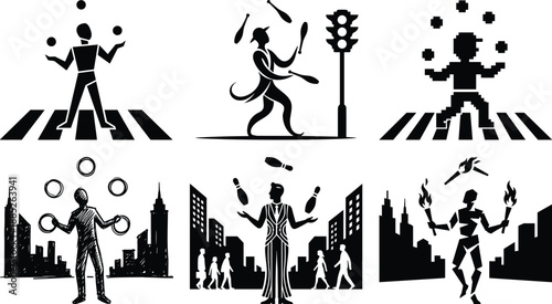 Street performer juggling objects at crosswalk in urban city, creative traffic entertainment scene with fire torches and clubs, modern artistic silhouette