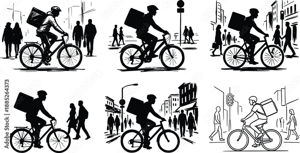 Obraz premium Urban bicycle courier silhouettes delivering packages in busy city streets, surrounded by pedestrians and buildings, modern food delivery and logistics concept