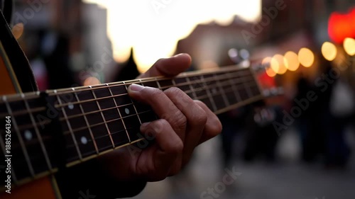 A musician s hands strum a guitar in a city street at dusk Soft lights glow in the background creating a warm inviting atmosphere for performance