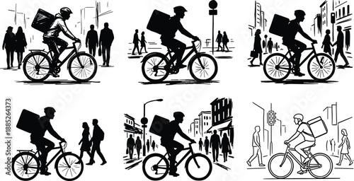 Urban bicycle courier silhouettes delivering packages in busy city streets, surrounded by pedestrians and buildings, modern food delivery and logistics concept