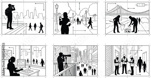 Urban field survey and research activities, people collecting data in city environments, environmental inspection, mapping, observation, modern geography and planning illustration