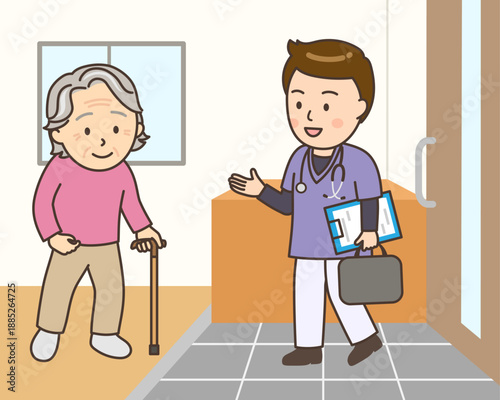 在宅医療で自宅を訪ねる男性看護師とおばあさん