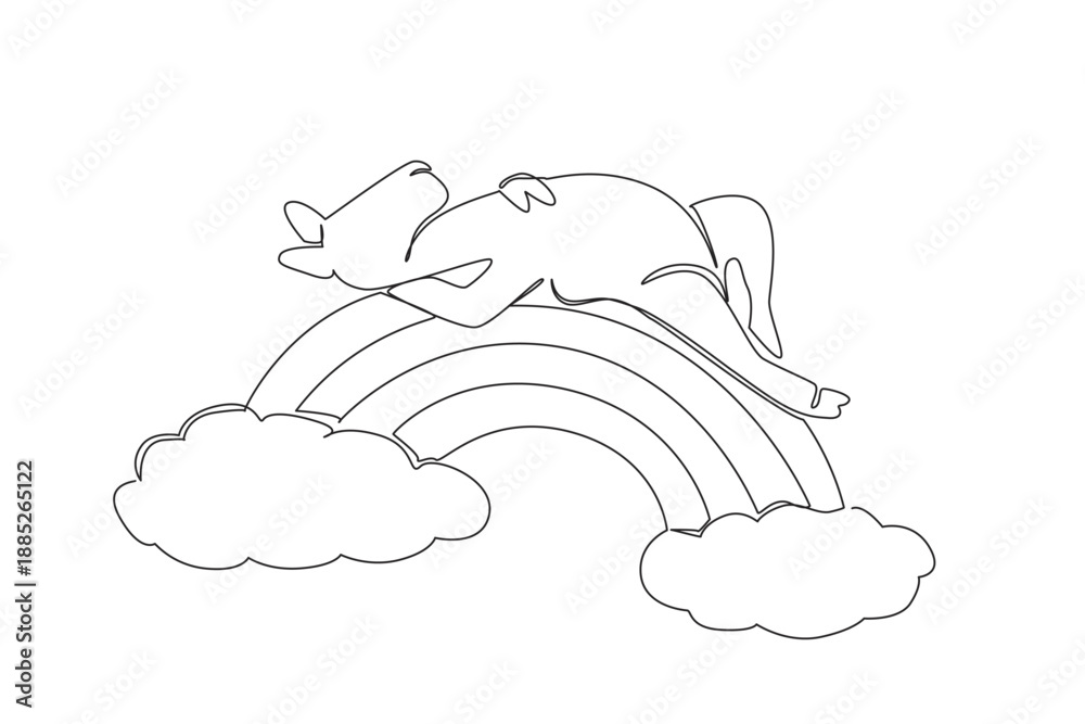 Fototapeta premium One line drawing of dromedary whimsical camel appearing light and gentle while sleeping in a supine position peacefully on a rainbow arc. Nature concept art desert theme for World Camel Day
