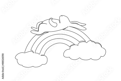 Single line drawing of lovable pet rabbit sprawled on its back, napping supine peacefully on a rainbow arc positioned between soft clouds. Nature concept illustration for International Rabbit Day
