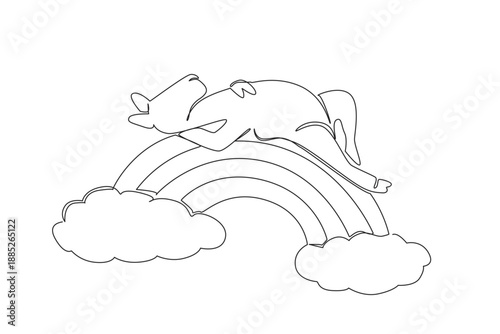 One line drawing of dromedary whimsical camel appearing light and gentle while sleeping in a supine position peacefully on a rainbow arc. Nature concept art desert theme for World Camel Day