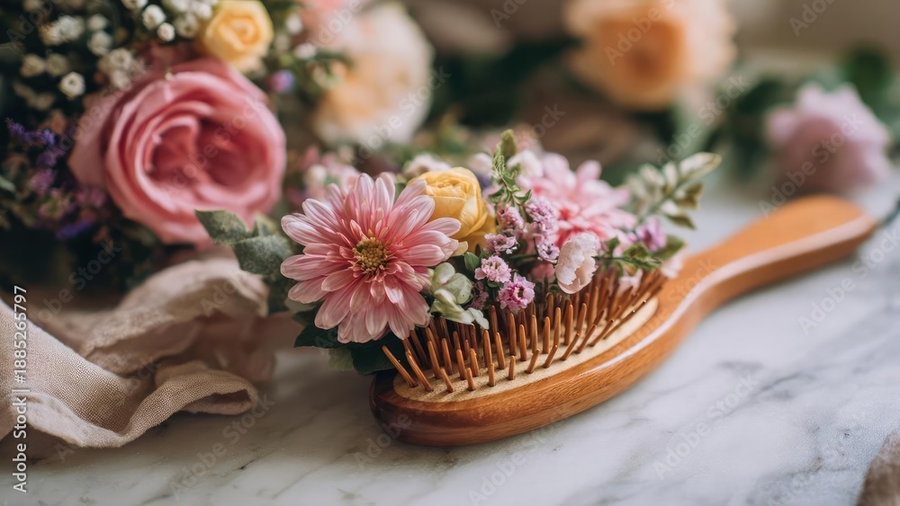 Obraz premium A wooden hair comb decorated with pink and yellow flowers. Concept Floral wooden hair comb, Pink and yellow flowers, Boho hair accessory, Natural wood accents, Delicate handmade craft