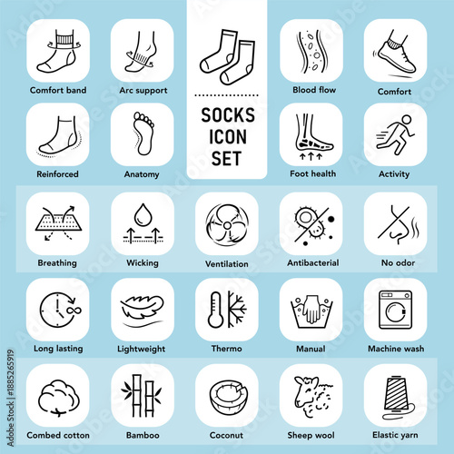 Socks icon sheet. Set for package, shows user instruction, main benefits. The outline icons are well scalable and editable. EPS10.	